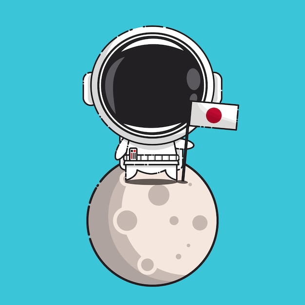 Niedlicher astronaut mit japanischer flagge auf mond