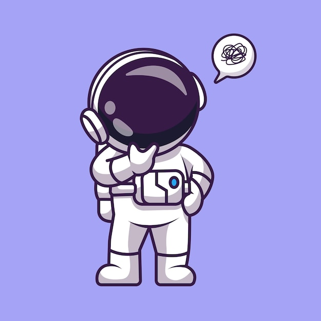 Vektor niedlicher astronaut verwirrt denkende cartoon-vektor-symbol-illustration. symbol für wissenschaftstechnologie isoliert
