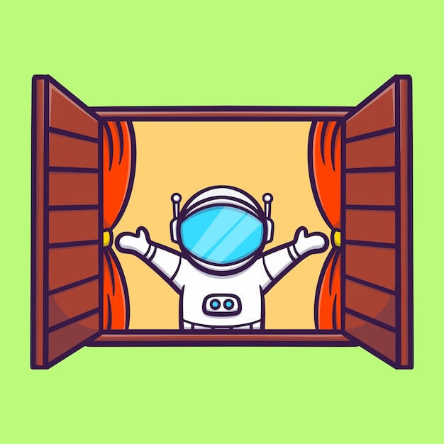 niedlicher astronaut wacht auf und öffnet die fenster-cartoon-vektor-symbol-illustration