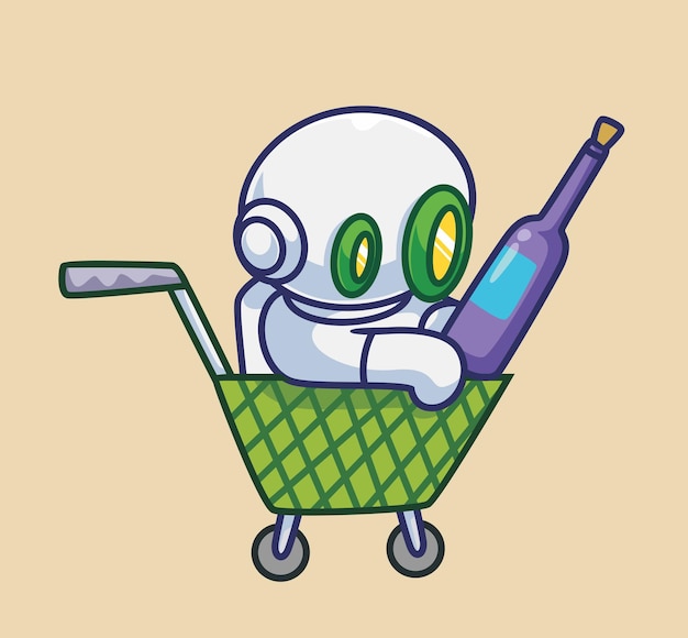 Niedlicher astronautenroboter kauft ein bier auf dem wagen isolierte cartoon-personenillustration flat style sticker