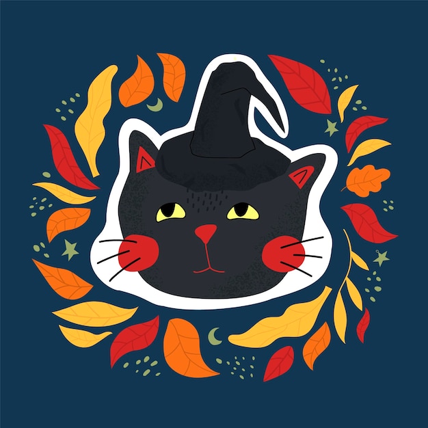 Niedlicher aufkleber mit einer katze in einem hut für halloween-herbstillustration mit blättern