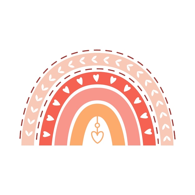 Niedlicher Boho-Regenbogen mit Herzzweigen und Boho-Elementen Dekoratives Element aus neutralen Pastellfarben für Kinderzimmerdesign Babypartykarten und Einladungen Vektorillustration isoliert weiß