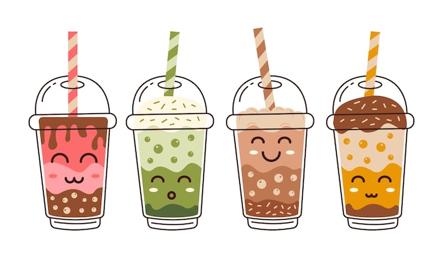 Vektor niedlicher bubble tea, boba getränk aromen sammlung handgezeichnete vektorillustration