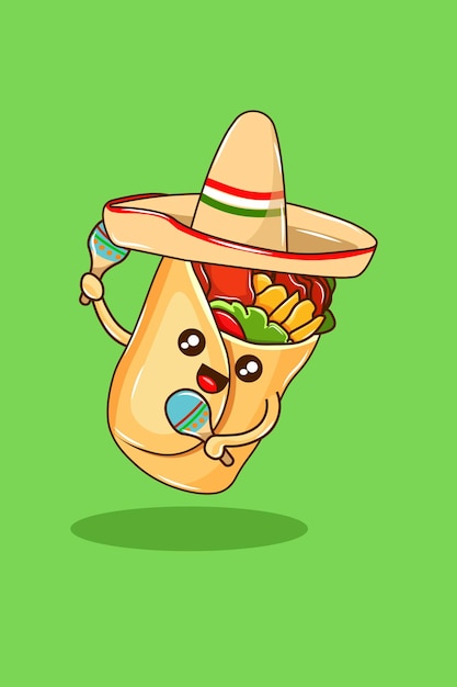Vektor niedlicher burrito mit hut und maracas cartoon illustration