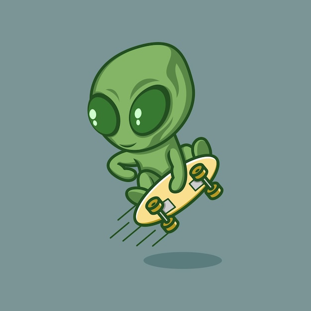 niedlicher Cartoon-Alien, der auf Skateboard gleitet