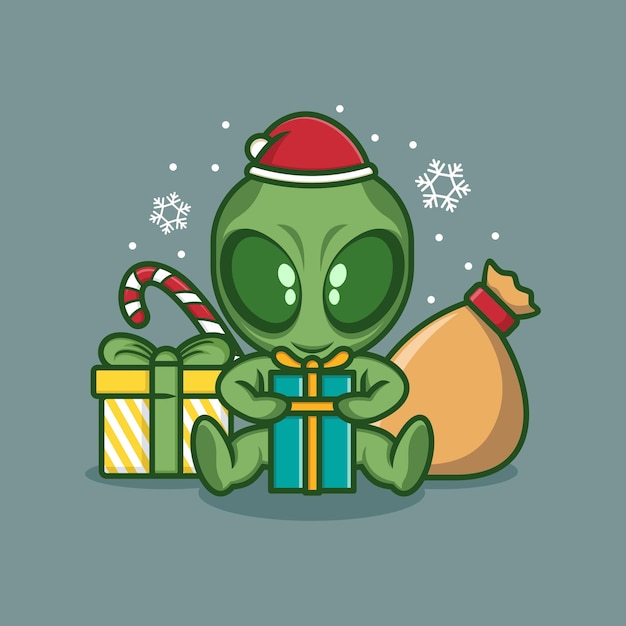 Niedlicher cartoon-alien mit weihnachtsgeschenk