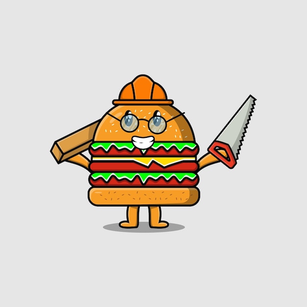 Vektor niedlicher cartoon-burger als tischlerfigur mit säge und holz in flachem, modernem design