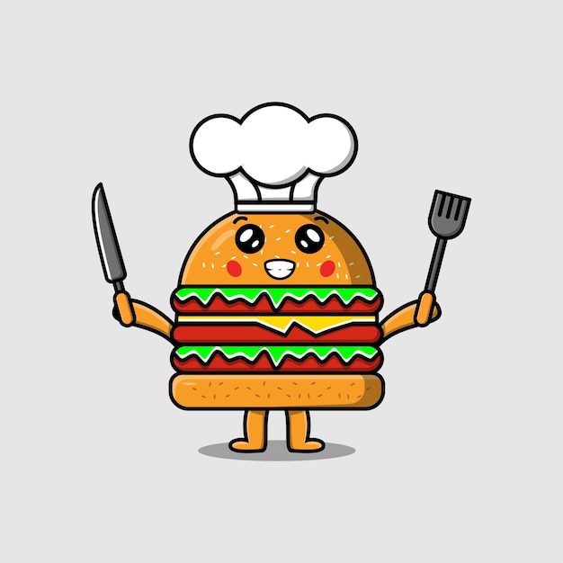 Niedlicher Cartoon-Burger-Koch-Charakter mit Messer und Gabel in flacher Cartoon-Stil-Illustration