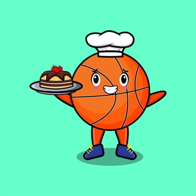 Niedlicher cartoon-chef-basketball-maskottchen-charakter, der kuchen auf tablett im niedlichen stil serviert