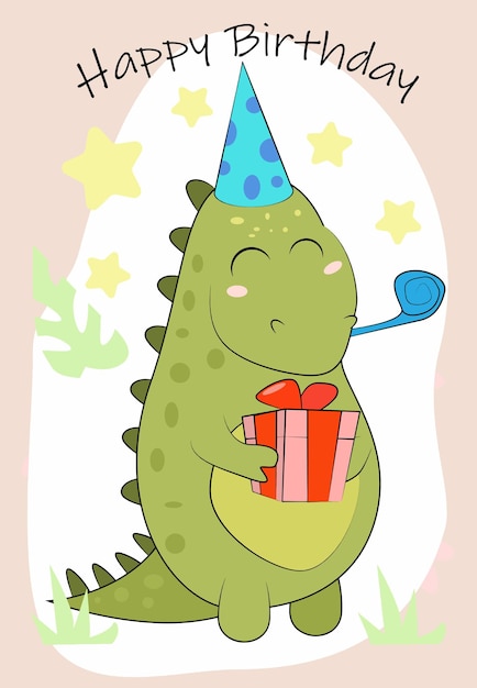 Vektor niedlicher cartoon-dinosaurier feiert seinen geburtstag in illustration