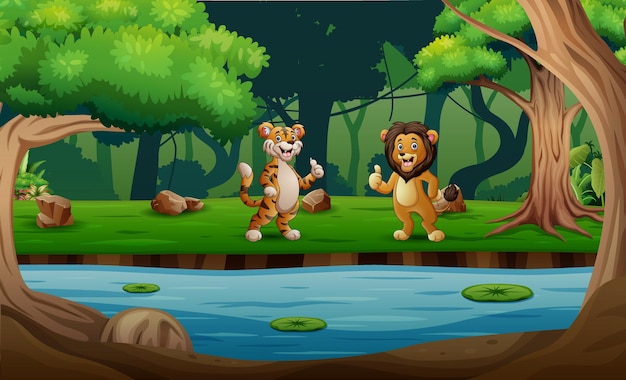 Niedlicher cartoon ein tiger und ein löwe, die am fluss stehen und daumen nach oben zeigen