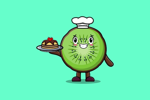 Vektor niedlicher cartoon-koch-kiwi-frucht-charakter, der kuchen auf tablett serviert, niedliches design im flachen cartoon-stil