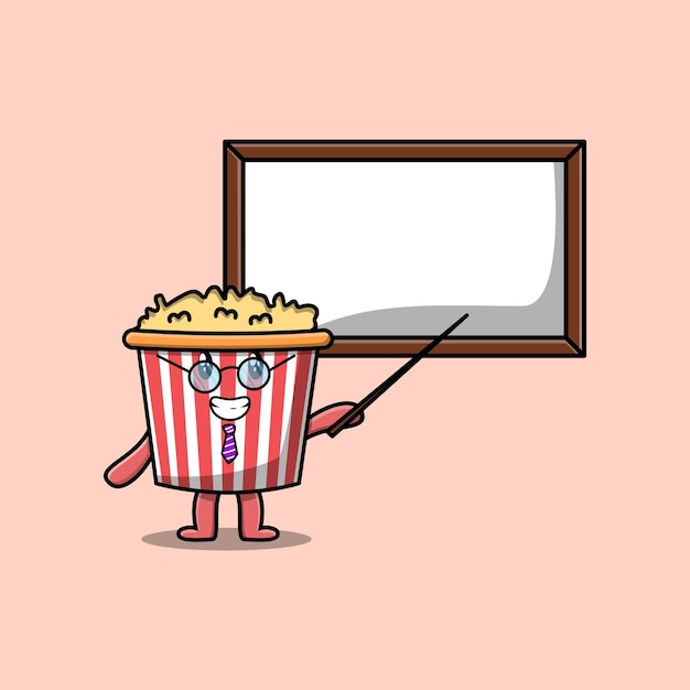 Niedlicher Cartoon-Popcorn-Lehrer-Charakter unterrichtet mit Whiteboard im flachen Cartoon-Stil-Konzept