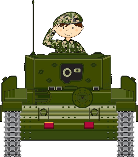 Vektor niedlicher cartoon-salutierender armeesoldat in gepanzerter panzer-militärgeschichte-illustration