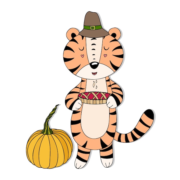 Niedlicher Cartoon-Tiger mit Kuchen, Thanksgiving-Illustration, Vektor