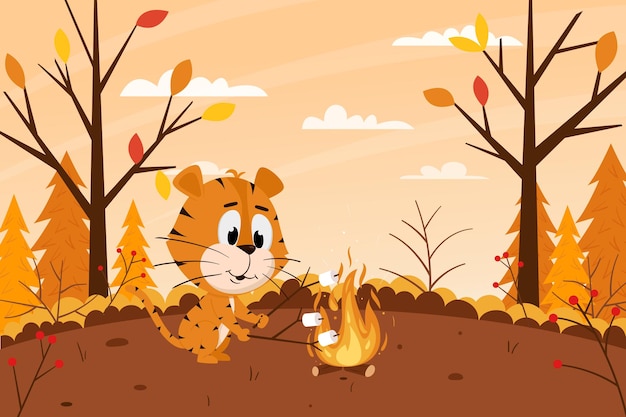 Niedlicher Cartoon-Tiger röstet Marshmallows am Lagerfeuer im Wald. Herbstlandschaft. Tiercharakter