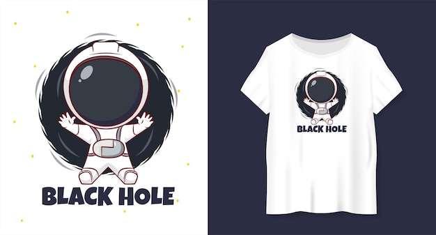 Niedlicher cartoon von astronaut und schwarzem loch mit t-shirt-mockup handgezeichneter chibi-charakter