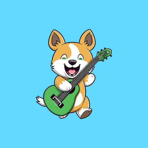 Vektor niedlicher corgi, der gitarre spielt, cartoon-vektorillustration