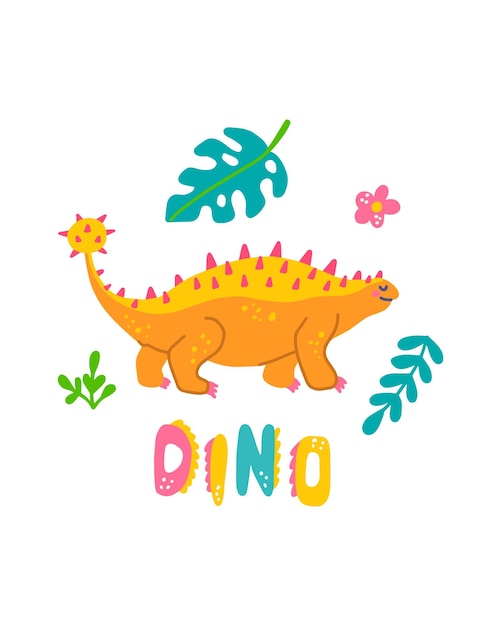 Vektor niedlicher dinosaurier-babydruck ankylosaurus im flachen, handgezeichneten stil mit handbeschriftetem dino