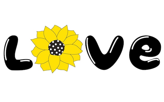 Niedlicher doodle-text liebe sonnenblume isolierter liniensatz handgezeichnete vektorgrafiken aufkleber skizze