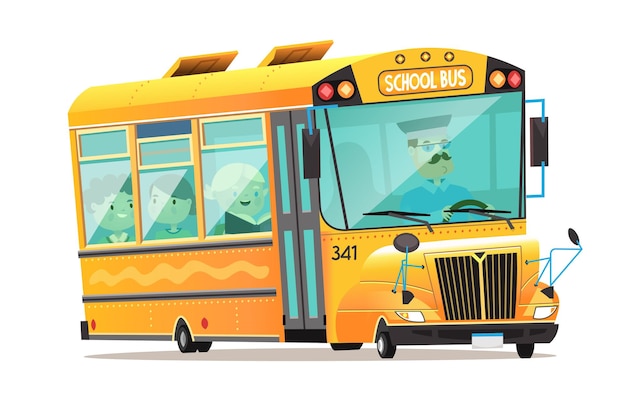 Niedlicher gelber Schulbus mit einem schnauzbärtigen Fahrer. Kinder an Bord reden und lernen. Isolierte Vektoril