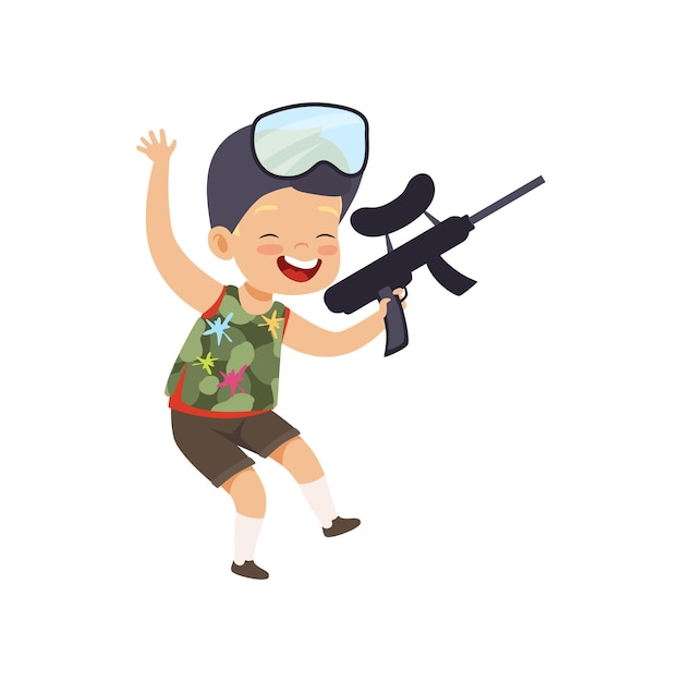 Niedlicher, glücklicher kleiner Junge, der Paintball mit Pistole spielt, Vektorillustration isoliert auf weißem Hintergrund