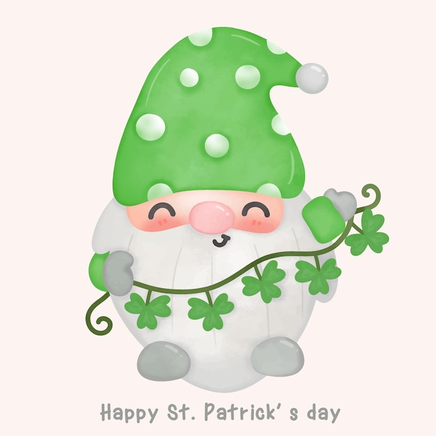 Vektor niedlicher gnomaquarellkarikatur, der kleeblattillustration für kawaii art des st. patrick's day hält