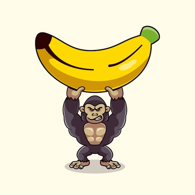 Niedlicher gorilla, der bananen-cartoon-vektor-symbol-illustration hebt tierfutter-symbol-konzept flacher cartoon
