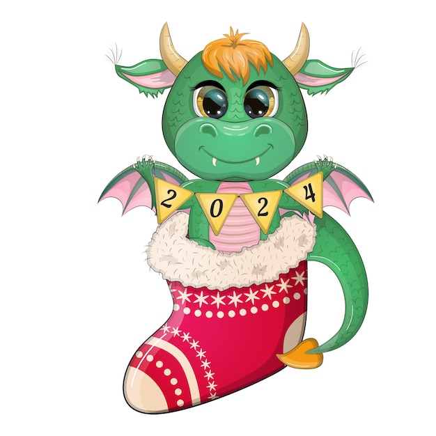 Vektor niedlicher grüner cartoon-drache mit weihnachtsmütze, chinesischer neujahrskalender 2024, geschenke, weihnachtsbaumspielzeug, zuckerstange, eine tasse mit der aufschrift, ein neujahrsstrumpf für geschenke