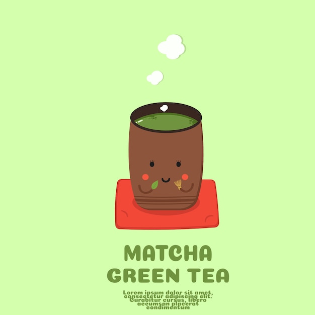 Niedlicher grüner tee matcha cartoon. kawaii beverange konzept. japanisches getränk.