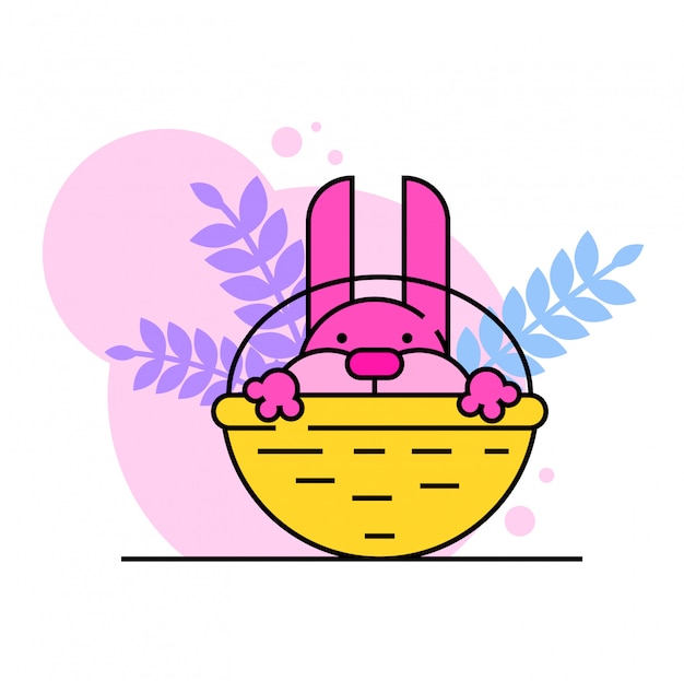 Niedlicher kaninchencharakter-sitzender wagen, weidenkorb der osterhasenruhe, rosa kriechen neugieriges gucken auf weiß, illustration.