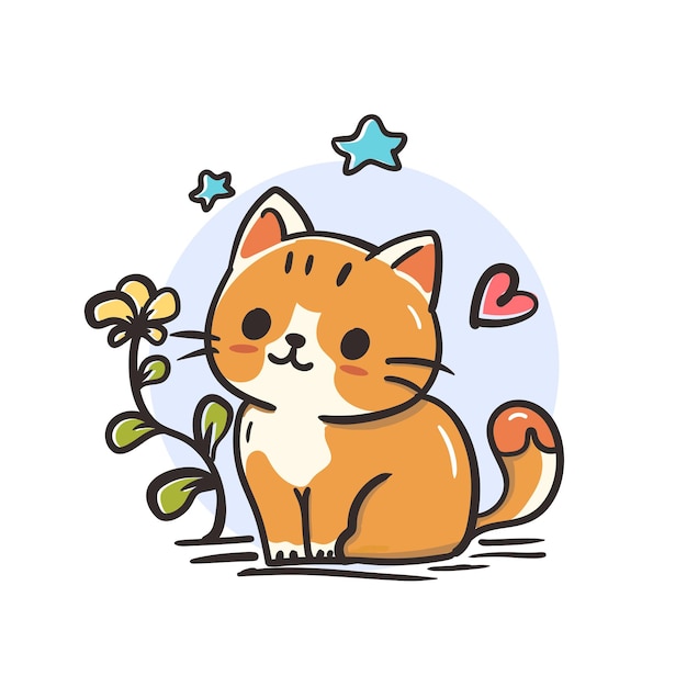 Niedlicher katzen-cartoon mit blumen-illustrationsdesign, natur, kawaii-chibi