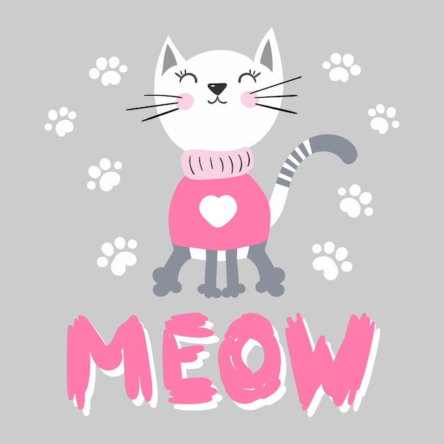 Vektor niedlicher katzendruck mit pfote und rosa phrase schöne meow-vektorillustration children39s designposter