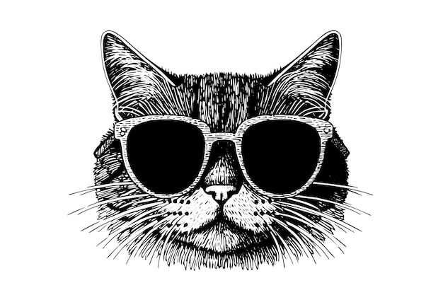 Niedlicher katzenkopf mit sonnenbrille, handgezeichnete tuscheskizze, gravur im vintage-stil, vektorillustration