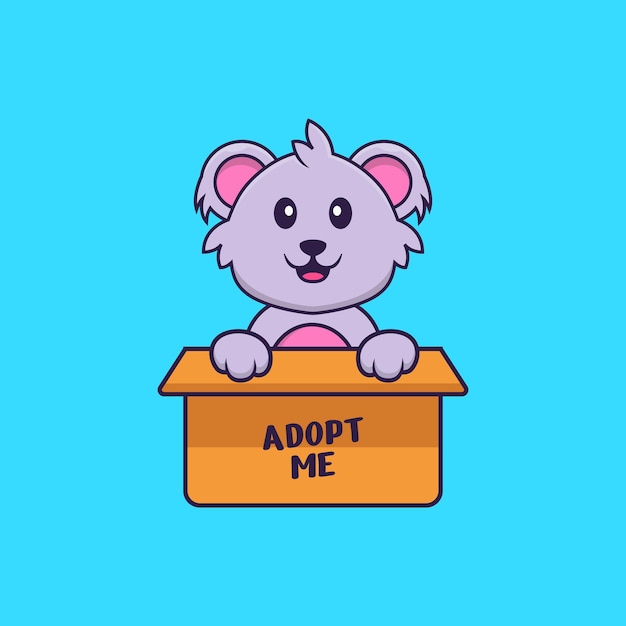 Niedlicher koala in box mit einem poster adoptiere mich tierkarikaturkonzept isoliert