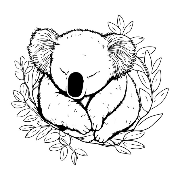 Vektor niedlicher koala in einem kranz aus blättern. vektorillustration