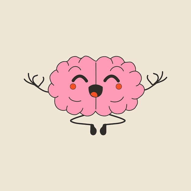 Niedlicher, lustiger kawaii menschlicher Gehirnorgan-Meditationscharakter mit glücklichem Gesicht und geistig ruhiger Yoga-Entspannung