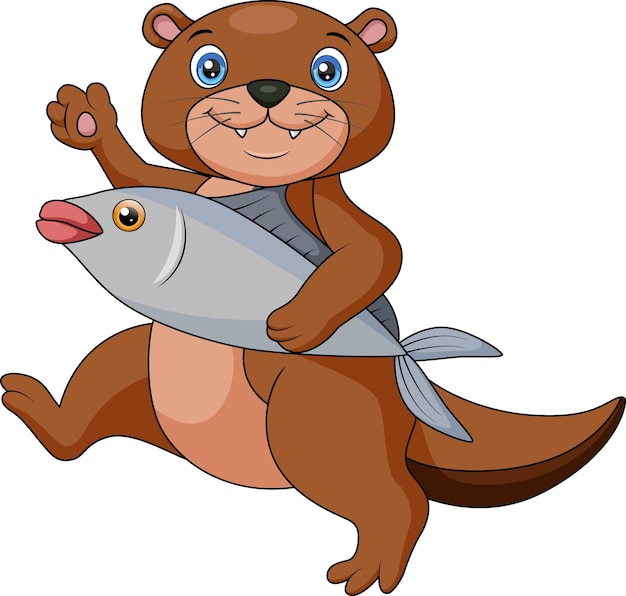 Vektor niedlicher otter-cartoon mit fisch