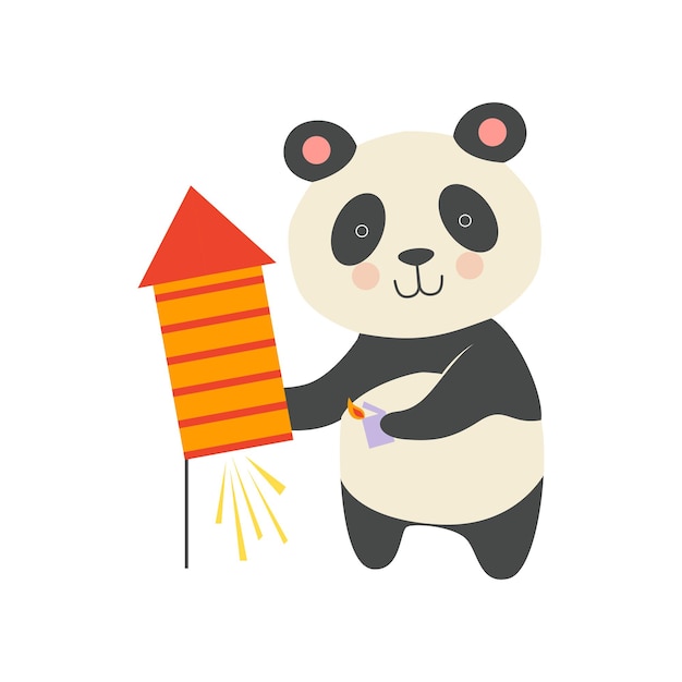 Niedlicher pandabär mit party-popper. eine schöne designvorlage für cartoon-tierfiguren kann verwendet werden