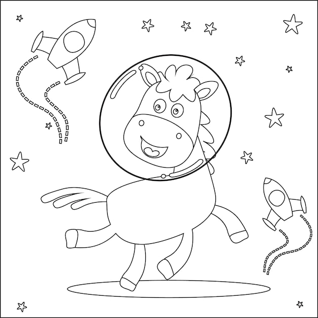 Niedlicher Pferde-Astronaut, der im Weltraum schwimmt. Cartoon für Kinder, Malbuch oder Seite