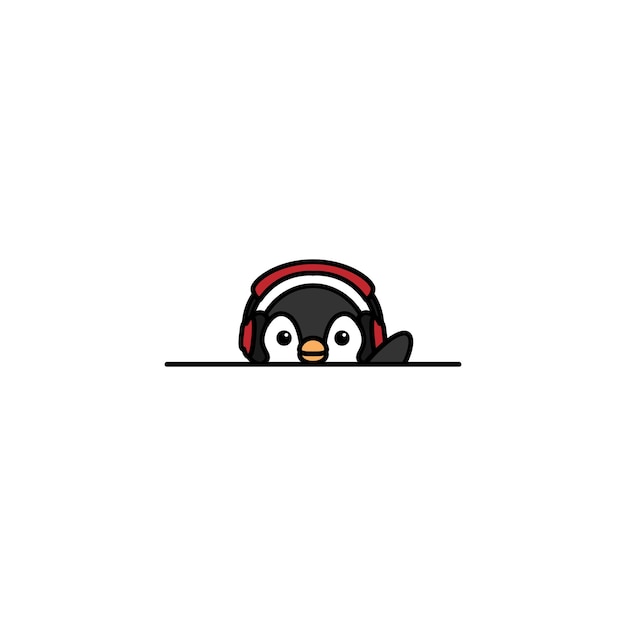 Niedlicher pinguin mit kopfhörer, der flügel-cartoon-vektorillustration späht und winkt