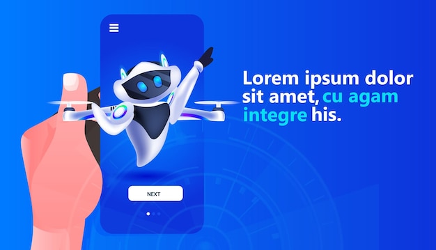 niedlicher Roboter-Quadcopter, der auf Smartphone-Bildschirm fliegt moderner Robotercharakter künstliche Intelligenz Technologiekonzept horizontale Kopienraum-Vektorillustration