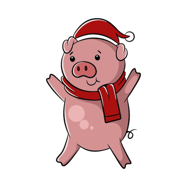 Niedlicher schweinkarikatur-illustrationsentwurf, der weihnachtsroten hut und -schal trägt