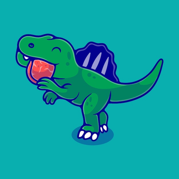 Niedlicher spinosaurus-dinosaurier, der fleischillustration isst, die für maskottchenaufkleber und t-shirt-design geeignet ist