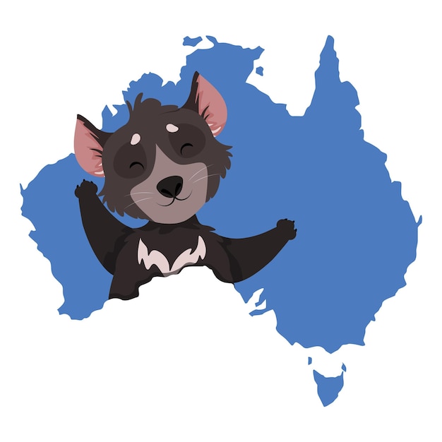 Vektor niedlicher tasmanischer teufel auf dem hintergrund einer karte von australien