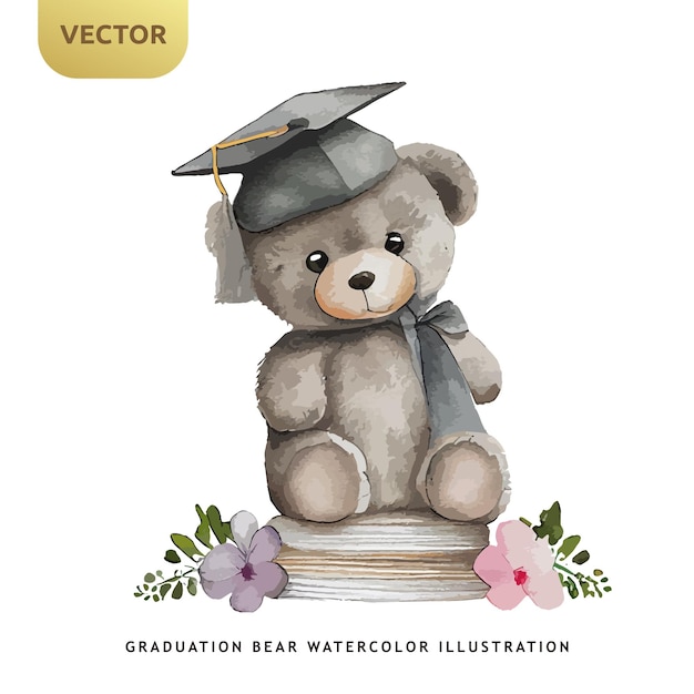 Niedlicher teddybär-abschluss-aquarell isoliert auf weißem hintergrund universitäts- oder studentenkinder tragen vektorillustration