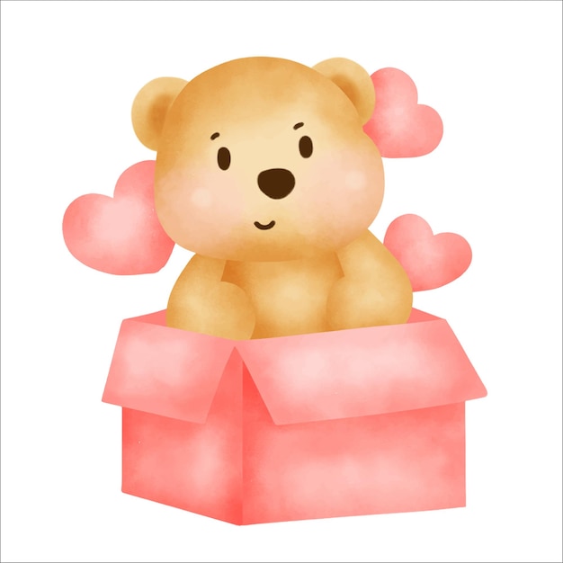 Niedlicher teddybär, der auf einer geschenkbox sitzt.