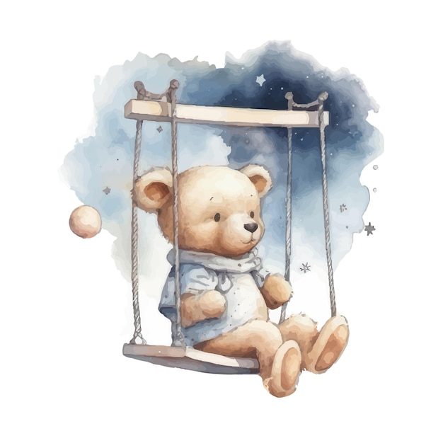 Niedlicher Teddybär, der auf einer Schaukel auf einer Sternenaquarell-Handzeichnungsillustration schwingt