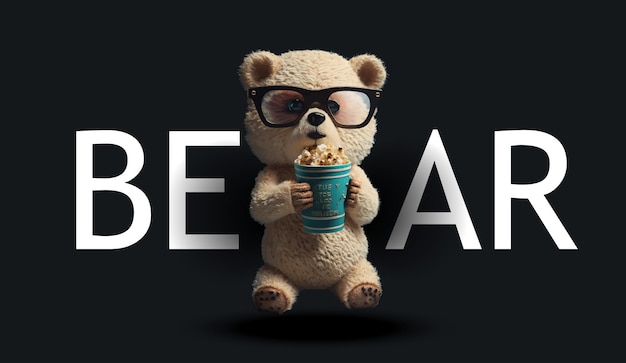 Vektor niedlicher teddybär, gekleidet, der popcorn in 3d-brille isst lustige, charmante illustration eines teddybären auf schwarzem hintergrund drucken sie für ihre kleidung oder postkarten vektor-illustration