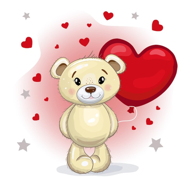 Niedlicher teddybär mit einem roten ballon in form eines herzens vektor-cartoon-illustration